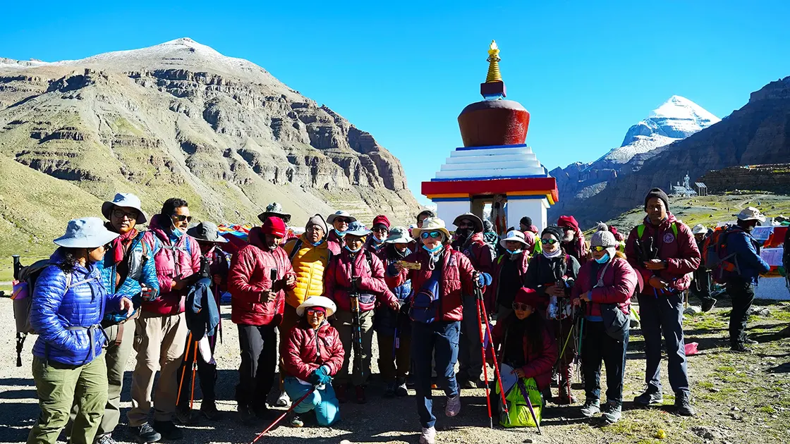 Group of Kailash yatries in Yam Dwar with Kailash View